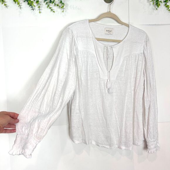 Wrap London Linen Blouse Womens 14 white tassel tie Long Sleeve Peasant large - Picture 6 of 13